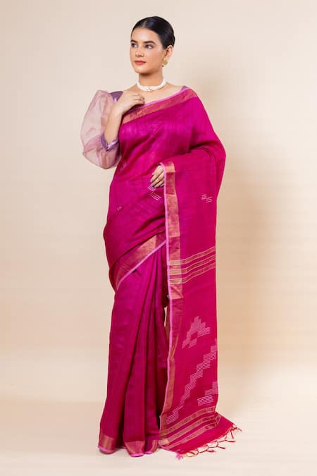 Buy_Taba Kashi By Artika Shah_Pink Tusser Silk Plain Saree With Unstitched Blouse Fabric _Online_at_Aza_Fashions