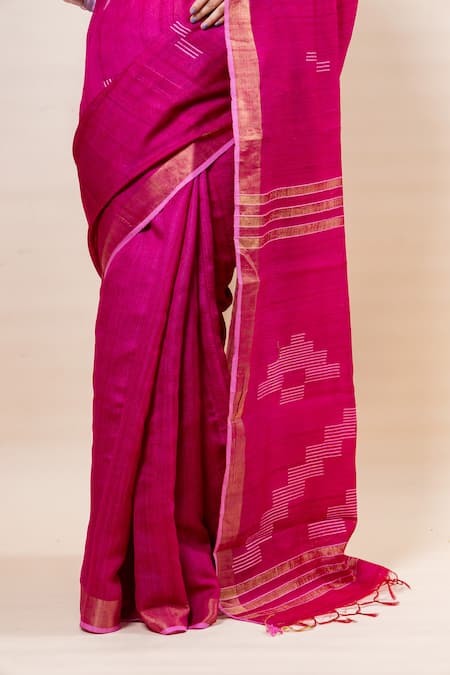 Shop_Taba Kashi By Artika Shah_Pink Tusser Silk Plain Saree With Unstitched Blouse Fabric _Online_at_Aza_Fashions