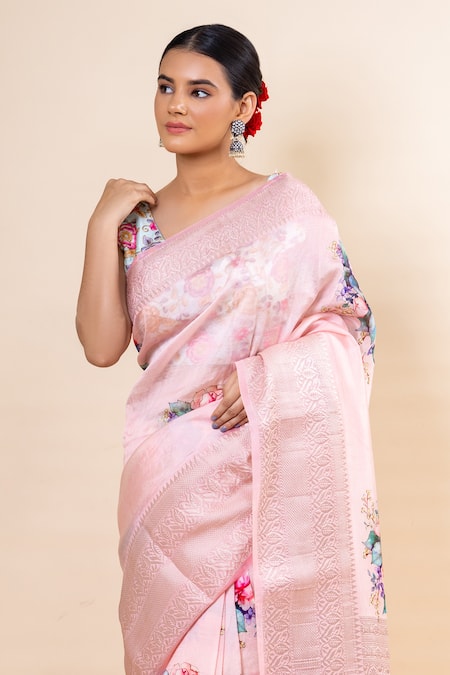 Buy_Taba Kashi By Artika Shah_Pink Purna Silk Print Bloom Saree With Unstitched Blouse Fabric _Online_at_Aza_Fashions