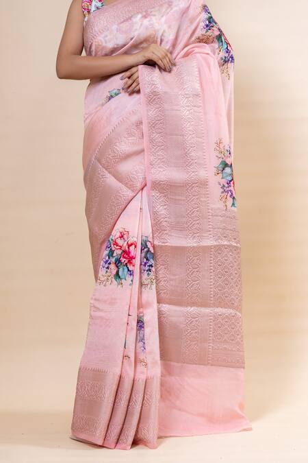 Shop_Taba Kashi By Artika Shah_Pink Purna Silk Print Bloom Saree With Unstitched Blouse Fabric _Online_at_Aza_Fashions