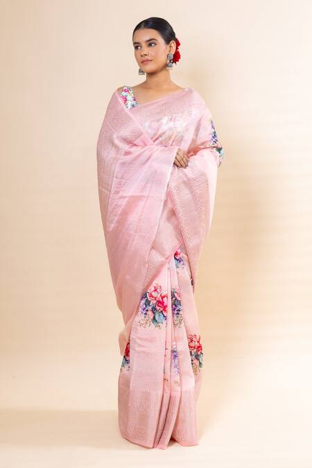 Taba Kashi By Artika Shah_Pink Purna Silk Print Bloom Saree With Unstitched Blouse Fabric _at_Aza_Fashions