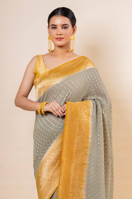 Buy_Taba Kashi By Artika Shah_Grey Chunri Butti Pattern Saree With Unstitched Blouse Fabric _Online_at_Aza_Fashions