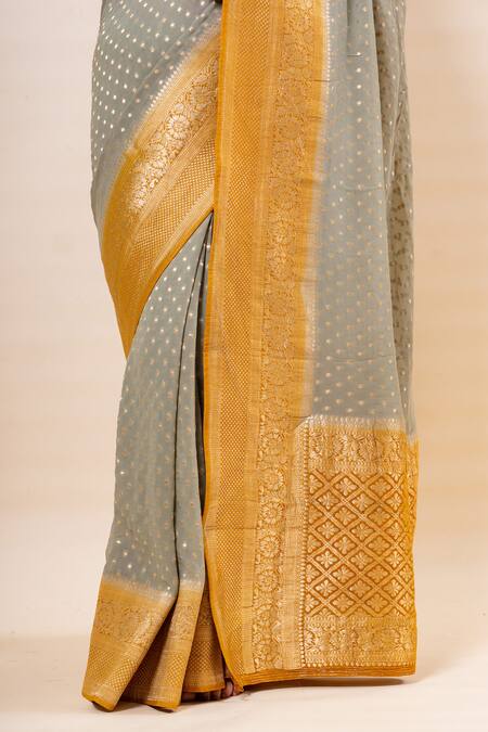 Shop_Taba Kashi By Artika Shah_Grey Chunri Butti Pattern Saree With Unstitched Blouse Fabric _Online_at_Aza_Fashions