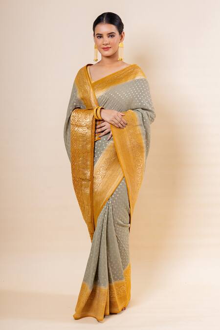 Taba Kashi By Artika Shah_Grey Chunri Butti Pattern Saree With Unstitched Blouse Fabric _at_Aza_Fashions