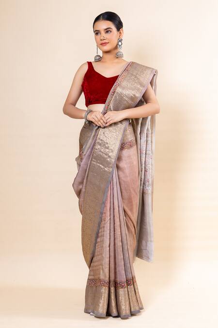 Buy_Taba Kashi By Artika Shah_Grey Russian Silk Placement Print Saree With Unstitched Blouse Fabric _Online_at_Aza_Fashions