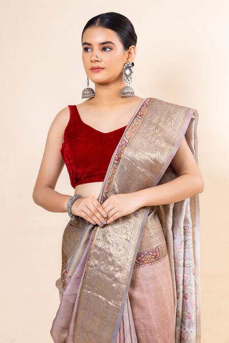 Shop_Taba Kashi By Artika Shah_Grey Russian Silk Placement Print Saree With Unstitched Blouse Fabric _Online_at_Aza_Fashions