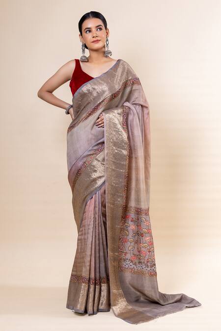 Buy_Taba Kashi By Artika Shah_Grey Russian Silk Placement Print Saree With Unstitched Blouse Fabric 