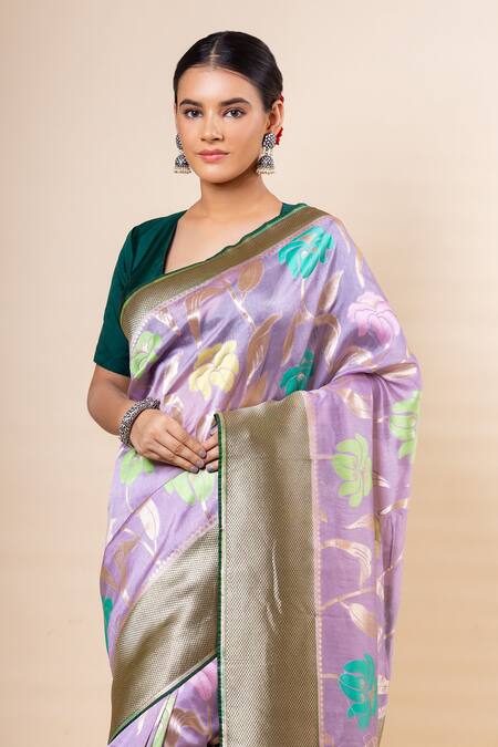 Shop_Taba Kashi By Artika Shah_Purple Viscose Georgette Pattern Saree With Unstitched Blouse Fabric _Online_at_Aza_Fashions