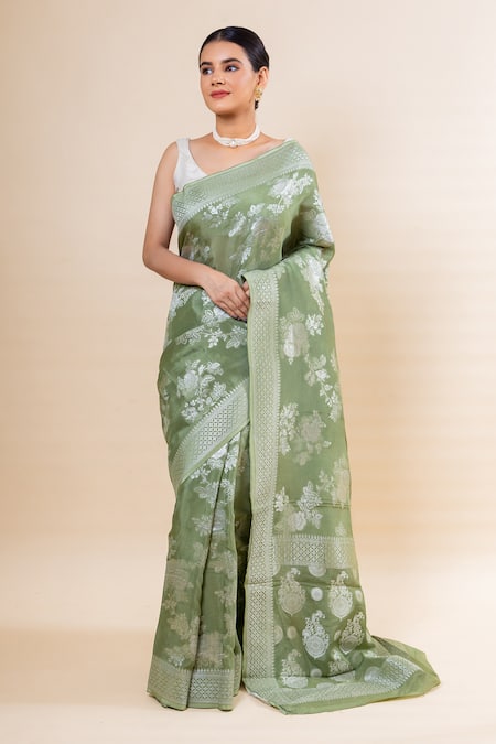 TaBa Kashi By Artika Shah Green Crepe Woven Flower Pattern Saree With Unstitched Blouse Fabric  