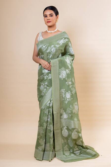 Buy_Taba Kashi By Artika Shah_Green Crepe Woven Flower Pattern Saree With Unstitched Blouse Fabric _Online_at_Aza_Fashions
