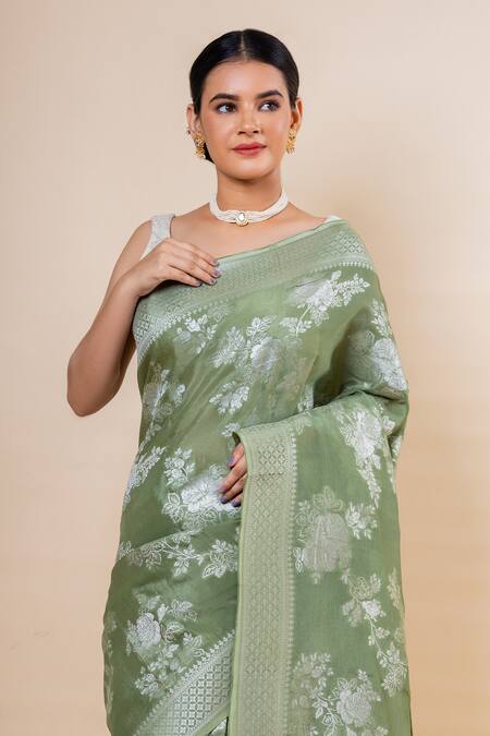 Shop_Taba Kashi By Artika Shah_Green Crepe Woven Flower Pattern Saree With Unstitched Blouse Fabric _Online_at_Aza_Fashions