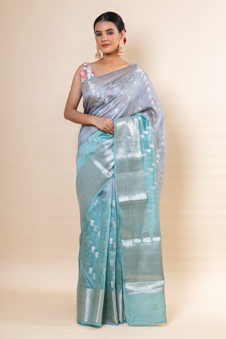 TaBa Kashi By Artika Shah Grey Chiniya Silk Floral Pattern Saree With Unstitched Blouse Fabric 