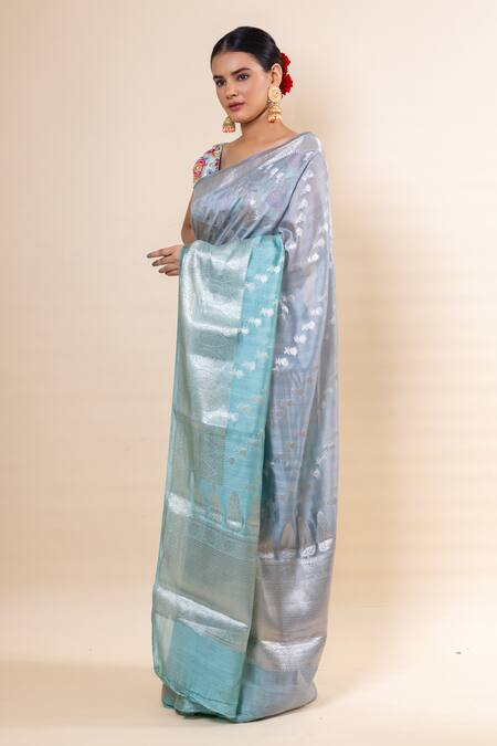 Buy_Taba Kashi By Artika Shah_Grey Chiniya Silk Floral Pattern Saree With Unstitched Blouse Fabric _Online_at_Aza_Fashions