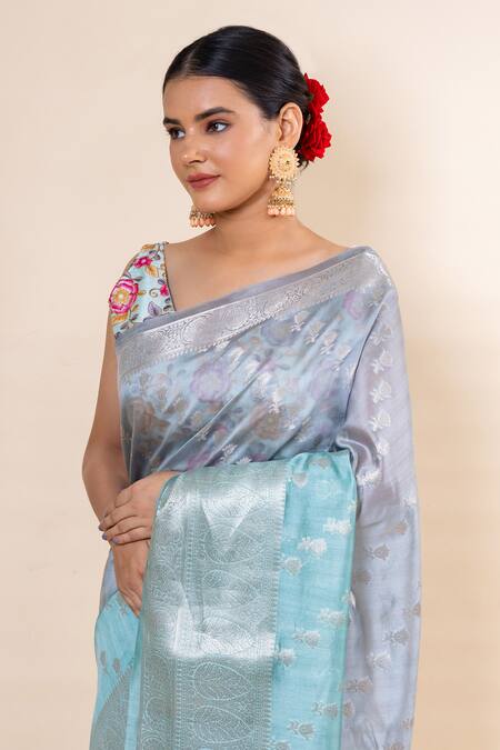 Shop_Taba Kashi By Artika Shah_Grey Chiniya Silk Floral Pattern Saree With Unstitched Blouse Fabric _Online_at_Aza_Fashions