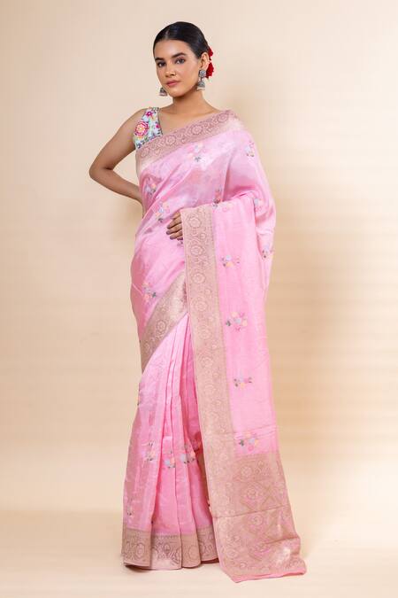 TaBa Kashi By Artika Shah Pink Russian Silk Embroidery Saree With Unstitched Blouse Fabric  