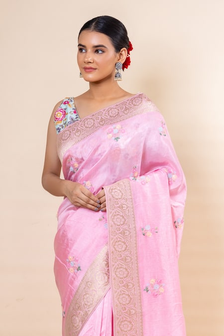 Shop_Taba Kashi By Artika Shah_Pink Russian Silk Embroidery Saree With Unstitched Blouse Fabric _Online_at_Aza_Fashions
