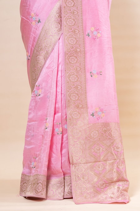 Taba Kashi By Artika Shah_Pink Russian Silk Embroidery Saree With Unstitched Blouse Fabric _at_Aza_Fashions