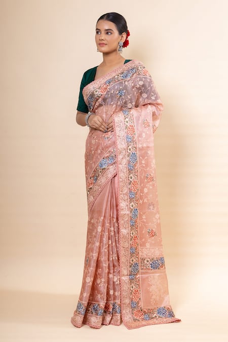 Buy_Taba Kashi By Artika Shah_Peach Kota Silk Embroidery Flower Saree With Unstitched Blouse Fabric _Online_at_Aza_Fashions