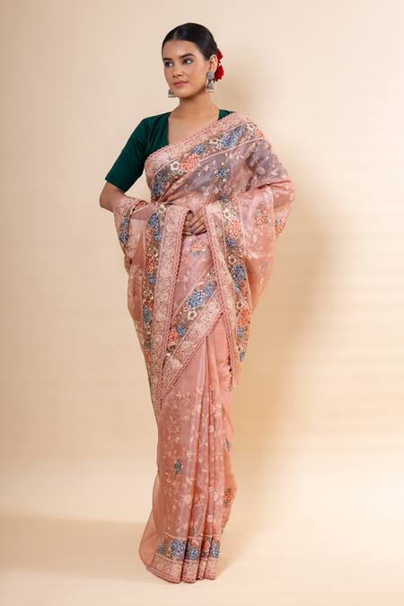 Taba Kashi By Artika Shah_Peach Kota Silk Embroidery Flower Saree With Unstitched Blouse Fabric _at_Aza_Fashions