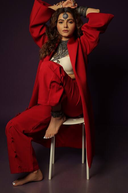 Shop_Kritika Madan Label_Red Neoprene Solid Shawl Lapel Coat_at_Aza_Fashions