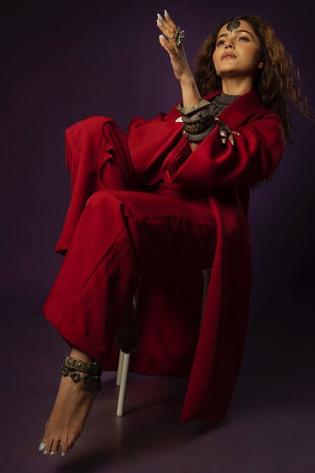 Kritika Madan Label_Red Neoprene Solid Shawl Lapel Coat_Online_at_Aza_Fashions