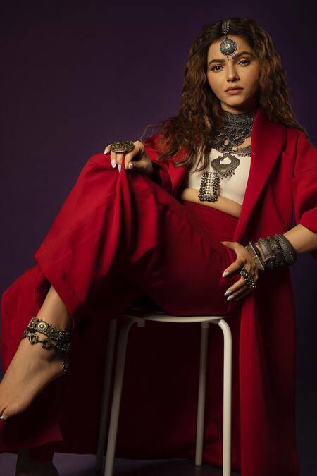 Buy_Kritika Madan Label_Red Neoprene Solid Shawl Lapel Coat_Online_at_Aza_Fashions