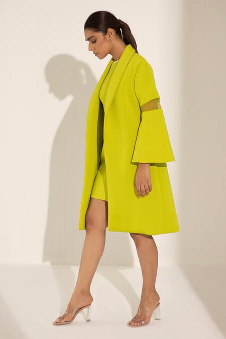 Kritika Madan Label_Green Neoprene Solid Shawl Lapel Coat_Online_at_Aza_Fashions