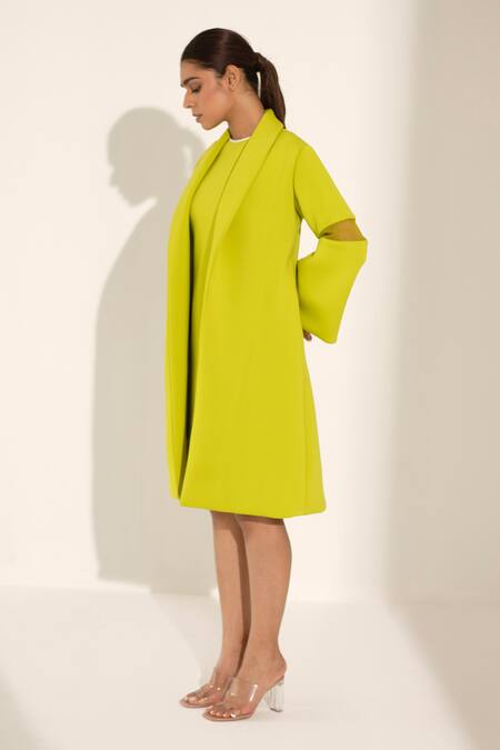 Buy_Kritika Madan Label_Green Neoprene Solid Shawl Lapel Coat_Online_at_Aza_Fashions