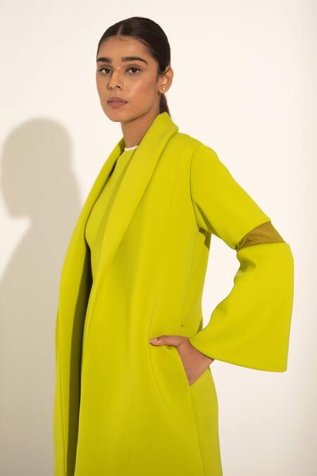 Shop_Kritika Madan Label_Green Neoprene Solid Shawl Lapel Coat_Online_at_Aza_Fashions
