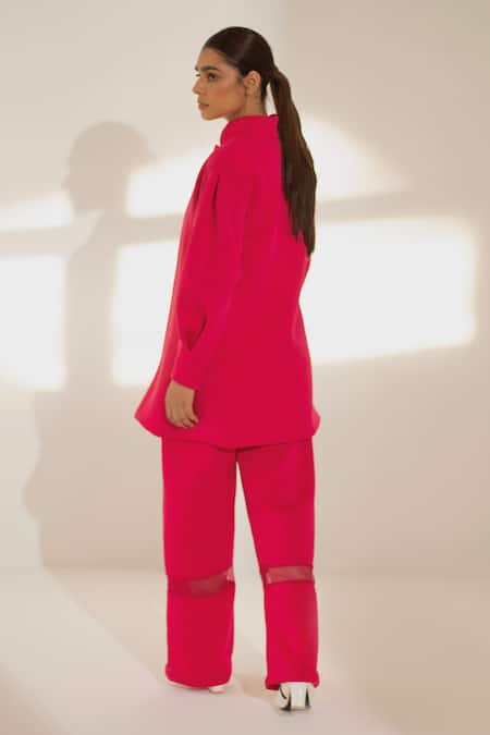 Shop_Kritika Madan Label_Pink Neoprene Solid Stand Collar Coat_at_Aza_Fashions