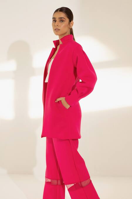 Kritika Madan Label_Pink Neoprene Solid Stand Collar Coat_Online_at_Aza_Fashions