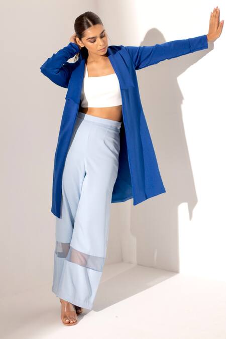 Kritika Madan Label_Blue Scuba Solid Shawl Lapel Coat_Online_at_Aza_Fashions