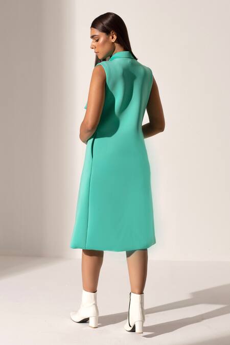 Shop_Kritika Madan Label_Blue Neoprene Solid Shawl Lapel Sleeveless Coat_at_Aza_Fashions