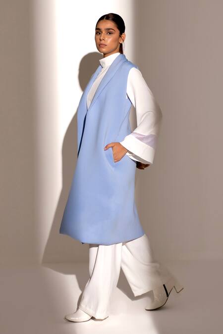 Kritika Madan Label_Blue Neoprene Solid Shawl Lapel Light Sleeveless Jacket_Online_at_Aza_Fashions