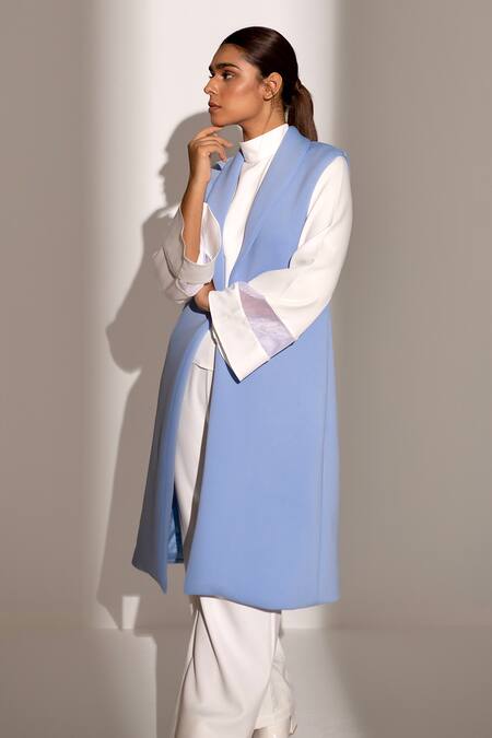 Buy_Kritika Madan Label_Blue Neoprene Solid Shawl Lapel Light Sleeveless Jacket_Online_at_Aza_Fashions