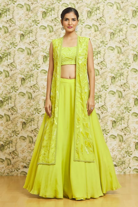 Shop_Mishru_Green Lehenga And Cape Organza Embroidery Thread Cape Open Abstract Set _Online_at_Aza_Fashions