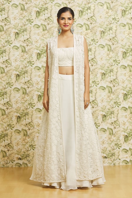 Buy_Mishru_Ivory Skirt And Jacket Organza Embroidery 3d Floral Jacket Open Dense Set _Online_at_Aza_Fashions