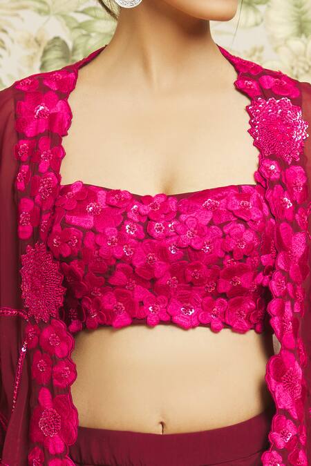 Shop_Mishru_Pink Cape And Skirt Organza Embroidery Thread Jacket Open Set _Online_at_Aza_Fashions