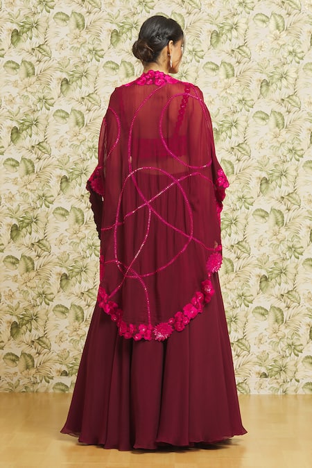 Mishru_Pink Cape And Skirt Organza Embroidery Thread Jacket Open Set _Online_at_Aza_Fashions