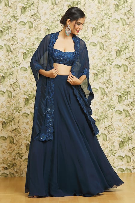 Mishru Blue Cape And Skirt Organza Embroidery Thread Jacket Open 3d Floral Set 