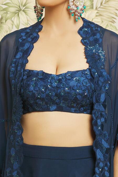 Mishru_Blue Cape And Skirt Organza Embroidery Thread Jacket Open 3d Floral Set _at_Aza_Fashions