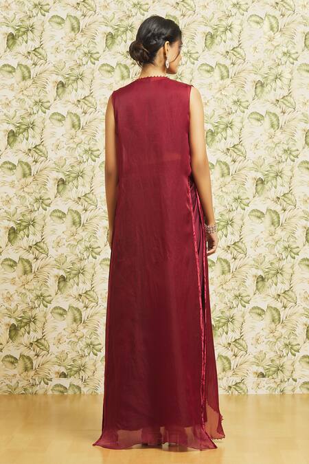 Shop Mishru Red Chanderi, Organza, Satin Sequins Round Sleeveless Jacket Draped Skirt Set at Aza Fashions Shop_Mishru_Red Chanderi, Organza, Satin Sequins Round Sleeveless Jacket Draped Skirt Set_at_Aza_Fashions