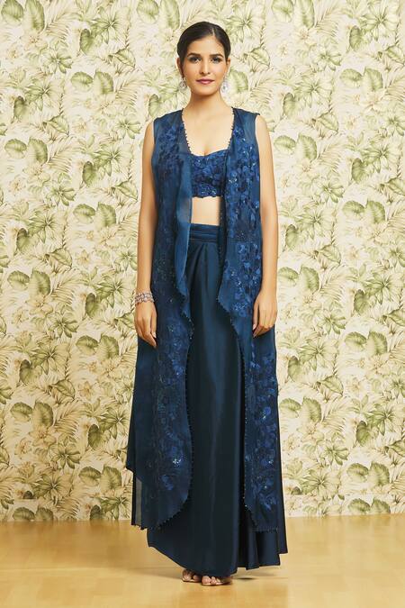 Shop_Mishru_Blue Jacket Organza Embroidery Thread Jacket Open Floral Draped Skirt Set _Online_at_Aza_Fashions