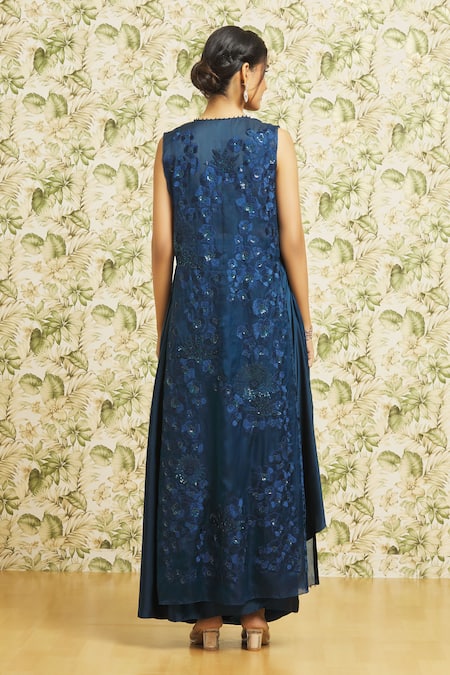 Mishru Floral Embroidered Jacket Draped Skirt Set 