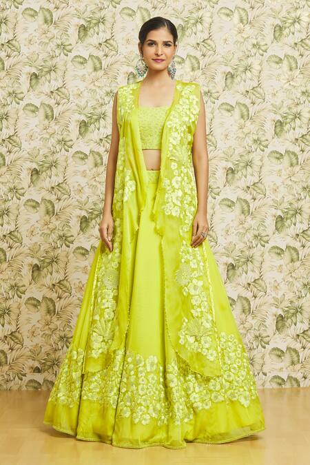 Buy_Mishru_Green Lehenga And Cape Organza Embroidery Thread Jacket Open Set _Online_at_Aza_Fashions