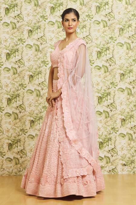 Shop_Mishru_Pink Tulle Embroidery Floral Applique Notched Lehenga Set_Online_at_Aza_Fashions