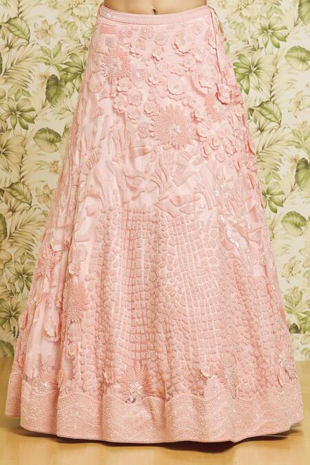 Mishru_Pink Tulle Embroidery Floral Applique Notched Lehenga Set_at_Aza_Fashions