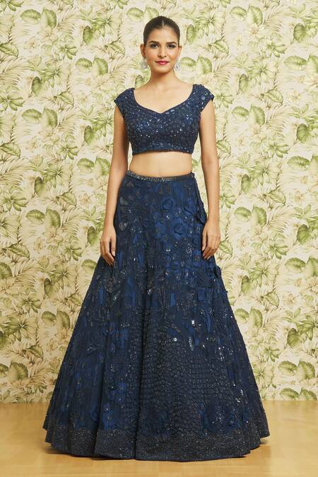 Mishru Blue Tulle Embroidery Floral Applique Sequin Bridal Lehenga Set at Aza Fashions Mishru_Blue Tulle Embroidery Floral Applique Sequin Bridal Lehenga Set _at_Aza_Fashions