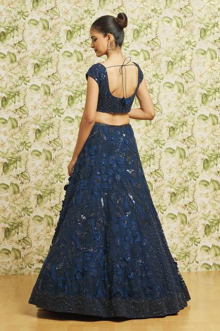 Shop Mishru Blue Tulle Embroidery Floral Applique Sequin Bridal Lehenga Set at Aza Fashions Shop_Mishru_Blue Tulle Embroidery Floral Applique Sequin Bridal Lehenga Set _at_Aza_Fashions