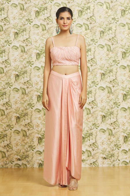 Mishru Peach Chanderi, Organza, Satin Sequins, 3d Floral Dense Jacket Draped Skirt Set Online at Aza Fashions Mishru_Peach Chanderi, Organza, Satin Sequins, 3d Floral Dense Jacket Draped Skirt Set _Online_at_Aza_Fashions